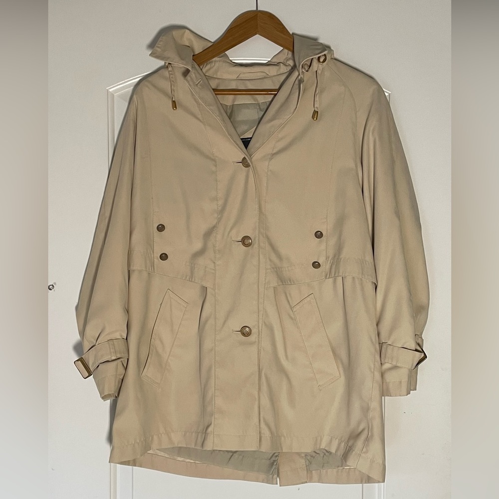 Gallery Petite Camel Trench Coat with Gold Buttons and Removable Hood